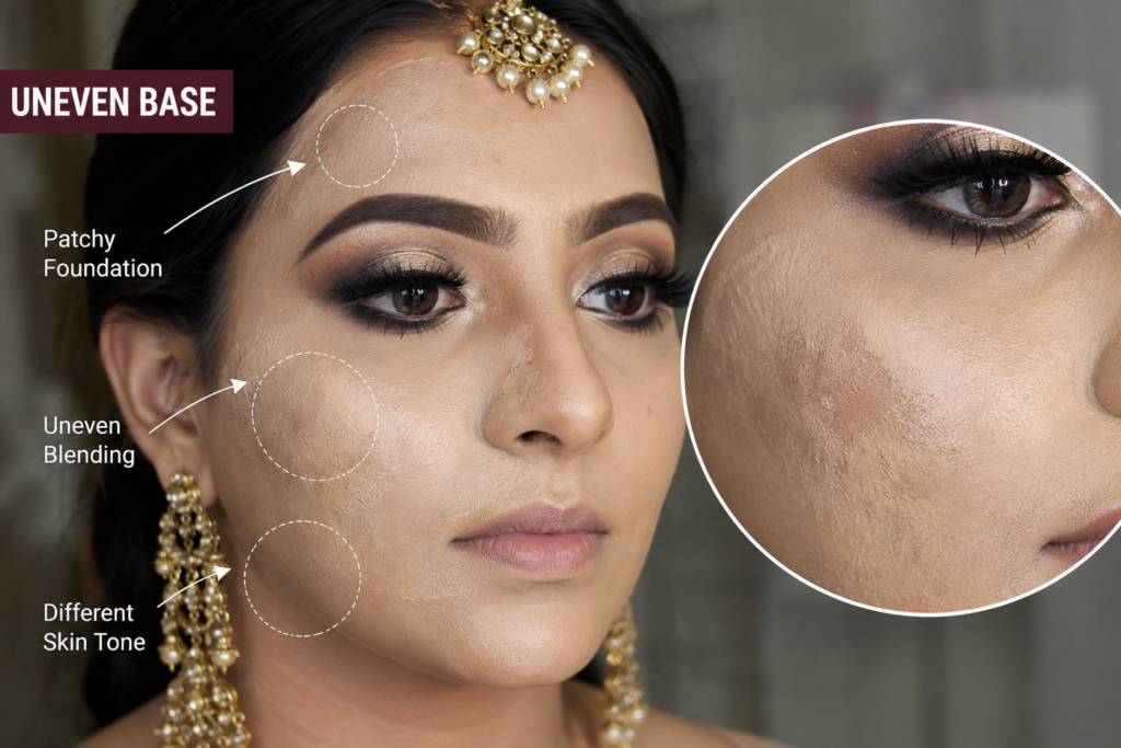 Patchy bridal makeup with uneven foundation blending and cakey base caused by poor makeup application