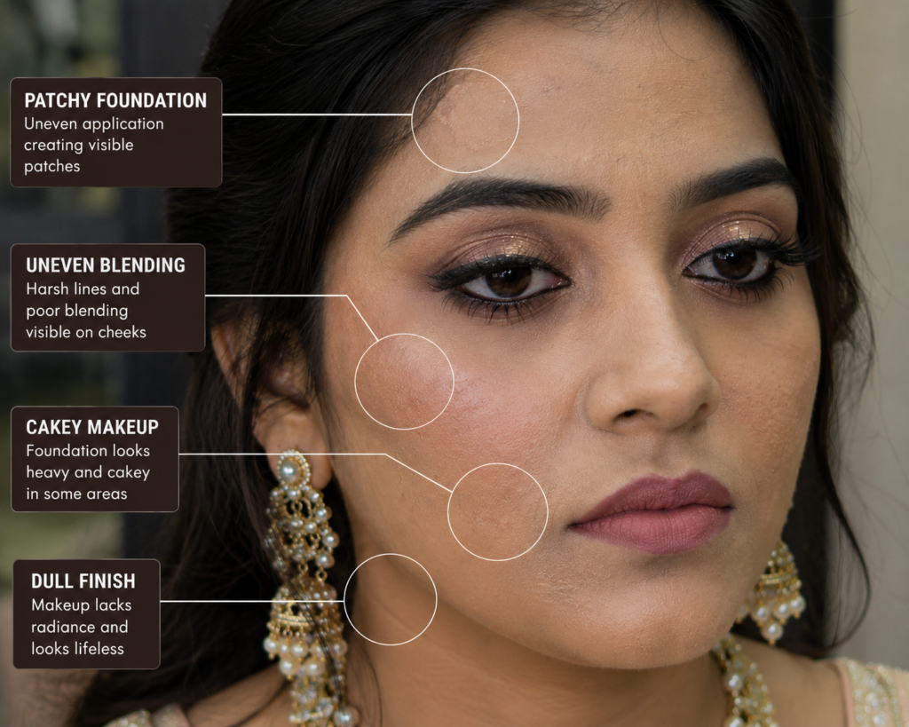 👉 **ALT Text:** **Uneven bridal makeup base with patchy foundation, wrong skin tone match, and poor blending issues**